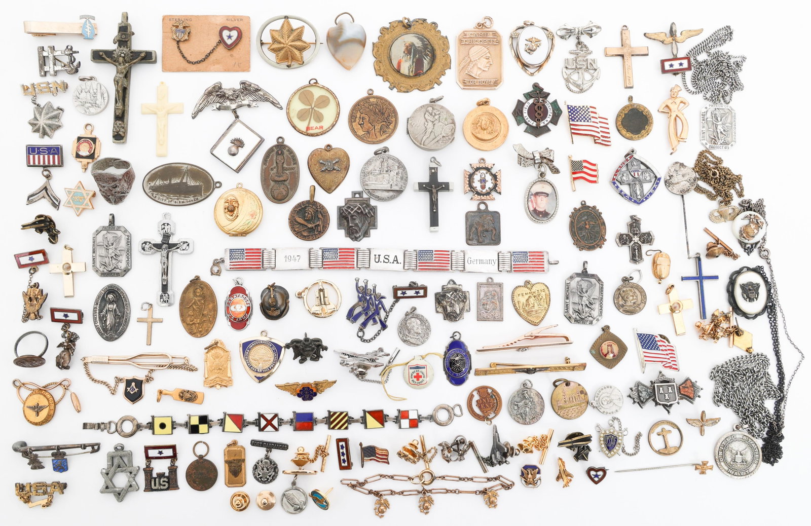 WWII US HOMEFRONT PINS, INSIGNIA & JEWELRY: WWII US HOMEFRONT PINS, INSIGNIA & JEWELRY WWII US Homefront Insignia and Jewelry Pins. Including: US Army Airborne, 160th SOAR Night Stalkers St. Michael Patron Saint medals, French coin locket neckl