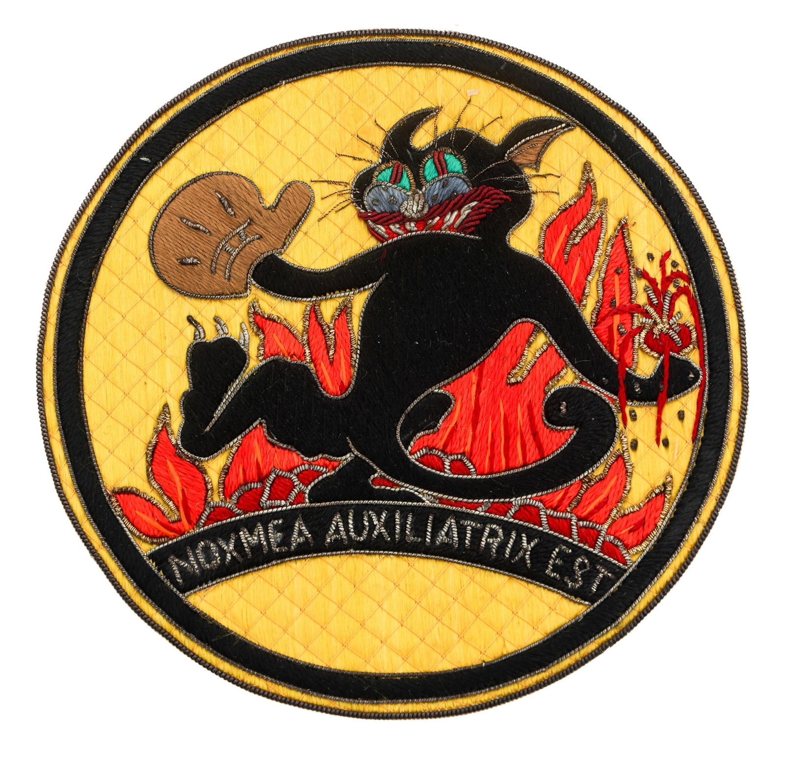 VIETNAM WAR US NAVY VFAW-4 NIGHTCAPPERS UNIT PATCH: VIETNAM WAR US NAVY VFAW-4 NIGHTCAPPERS UNIT PATCH Vietnam War US Navy VFAW-4 Flight All Weather Squadron Patch. Reads Nox Mea Auxiliatrix Est. Japanese made. Size: 5 1/5" diameter Provenance: Lifetim