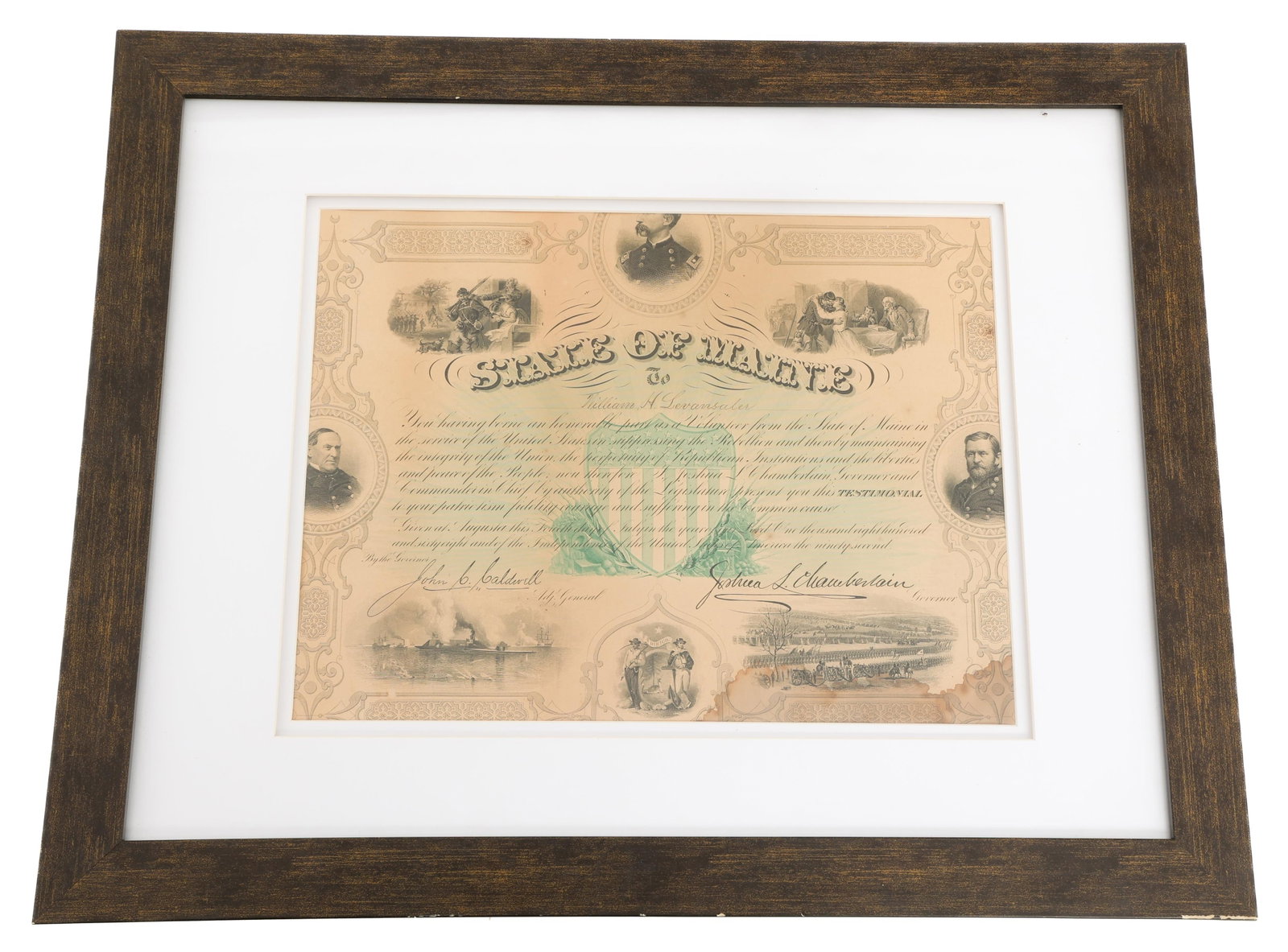 CIVIL WAR 1868 STATE OF MAINE AWARD CERTIFICATE (1 of 7)
