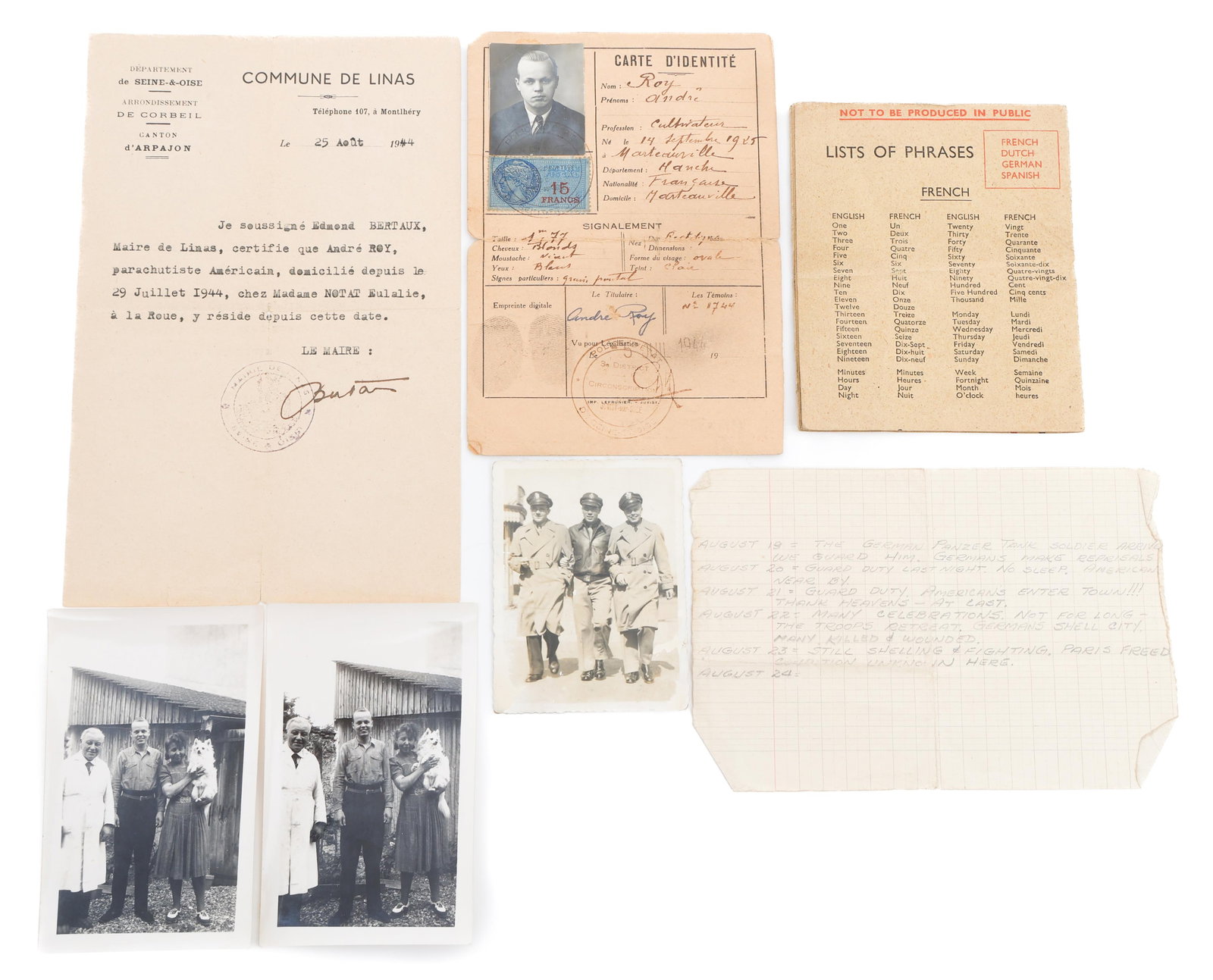 WWII AAF AIRCREW MEMBER BAILOUT IN FRANCE GROUPING: WWII AAF AIRCREW MEMBER BAILOUT IN FRANCE GROUPING WWII US Army Air Force Aircrew Member Navigator Andre Roy French Documents and Pictures. Following his aircraft?s loss, Andre Roy successfully