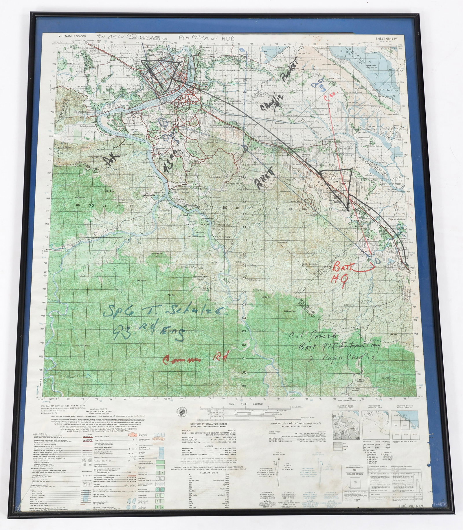 VIETNAM WAR US ARMY HUE PROVINCE MAP W/ NOTATIONS: VIETNAM WAR US ARMY HUE PROVINCE MAP W/ NOTATIONS Framed Vietnam War US Army Hue Province Grid Map with Hand Drawn Notations. Sheet 6541 IV. 1:50,000 scale. Includes hand notated locations of enemy
