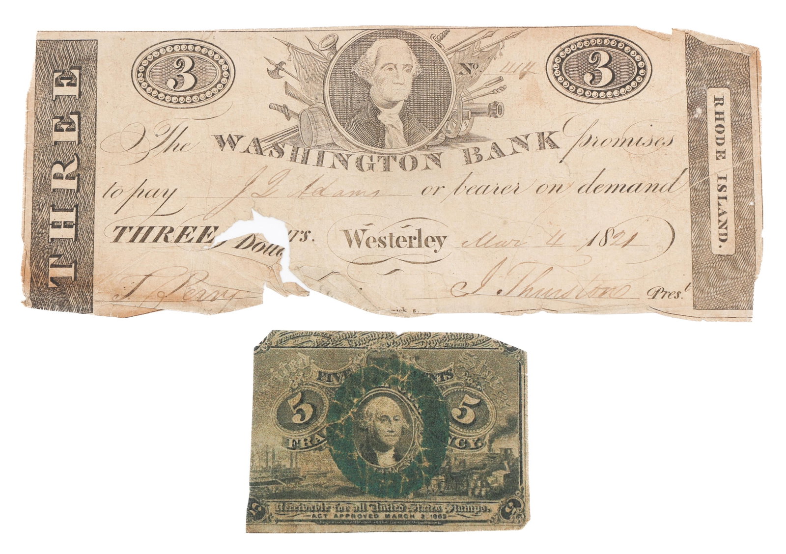 1821 WESTERLY, RI $3 & 5 CENTS BANK NOTES (1 of 6)