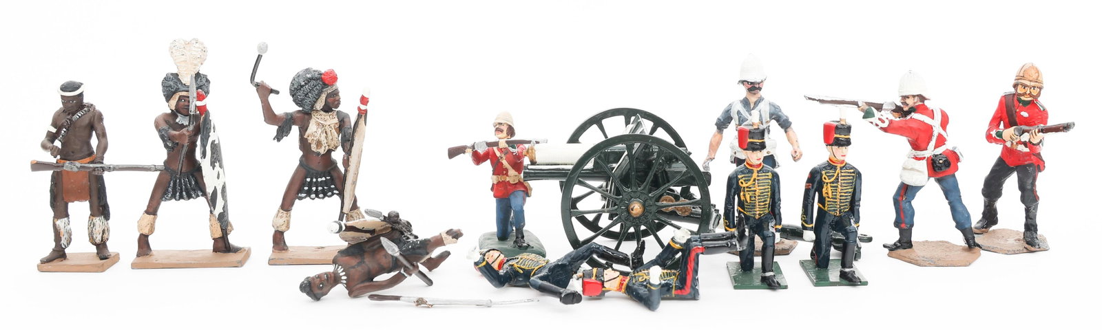 19th C. COLONIAL BRITISH FIGURINES: 19th C. COLONIAL BRITISH FIGURINES 19th Century Colonial British Figurine Models. Includes Zulu Warriors, British infantry, Artillery and 15 Pounder Gun. No boxes.