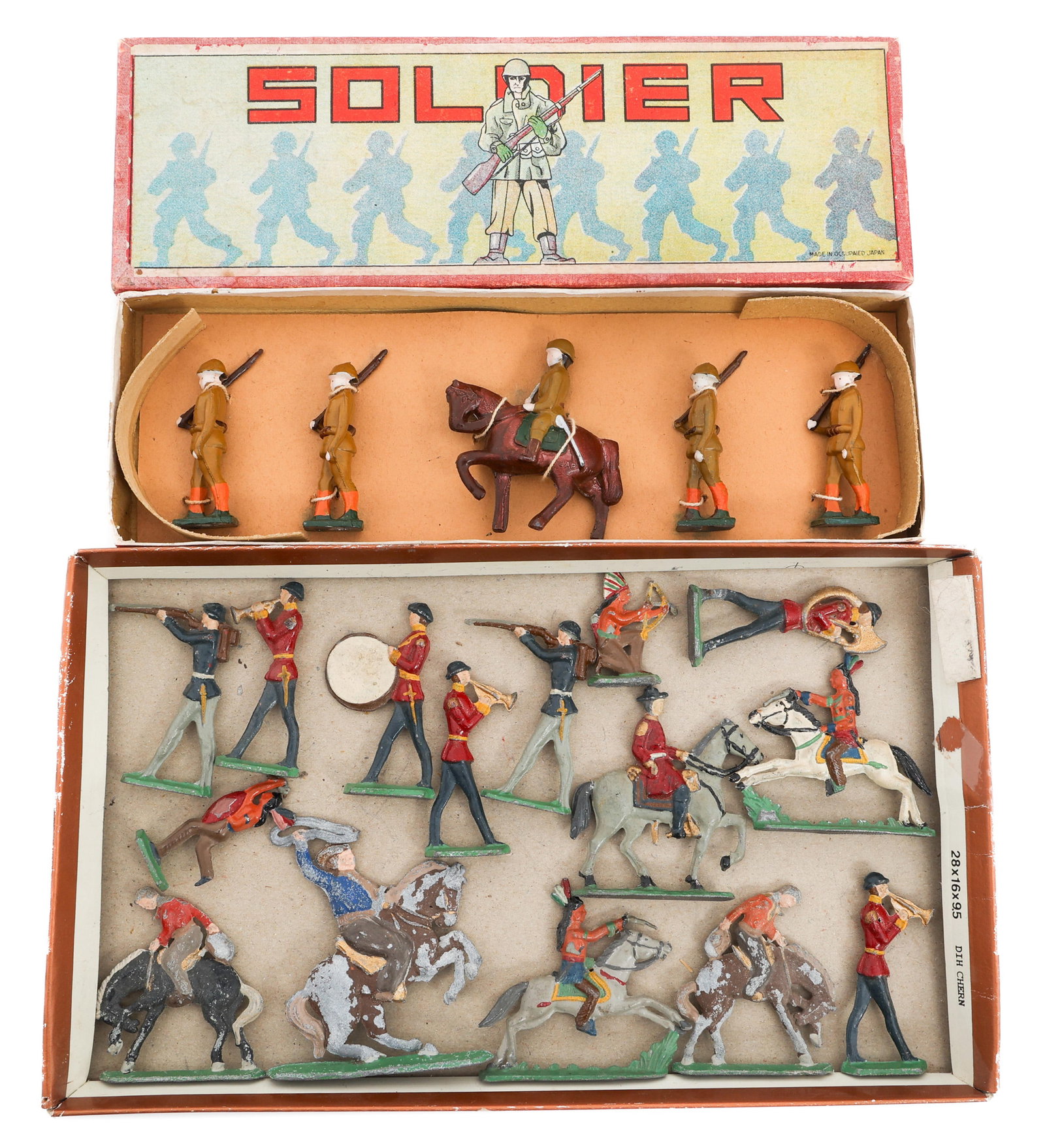 1950s JAPANESE & STUDIO ROMA LEAD SOLDIER SETS: 1950s JAPANESE & STUDIO ROMA LEAD SOLDIER SETS 1950s Japanese and Studio Roma Lead Soldier and Native American Figurine Sets. (1) Set of Five European Infantry Soldiers and Officer. Figures secured in