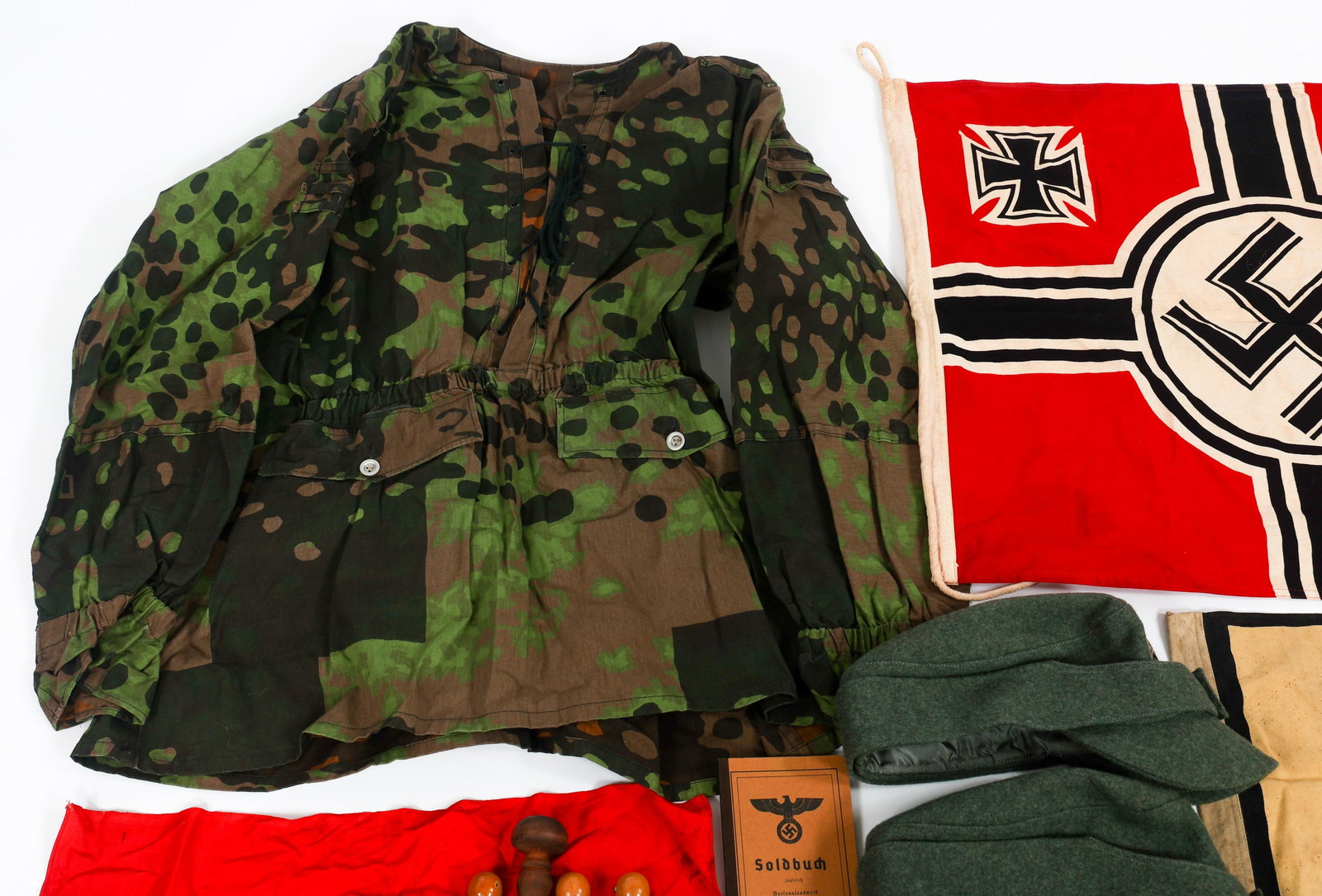RE-ENACTOR WWII GERMAN SS JACKET, FLAGS, & CAPS - 2
