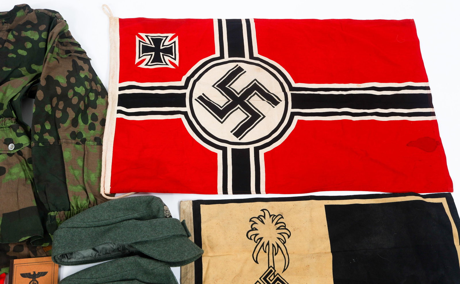 RE-ENACTOR WWII GERMAN SS JACKET, FLAGS, & CAPS - 3