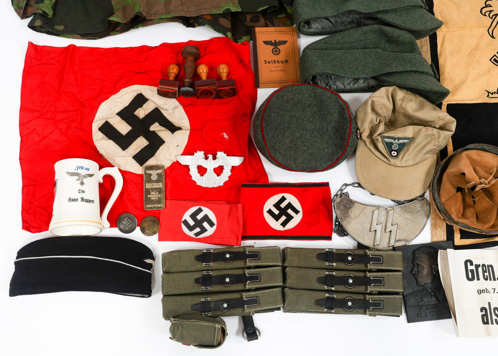 RE-ENACTOR WWII GERMAN SS JACKET, FLAGS, & CAPS - 4