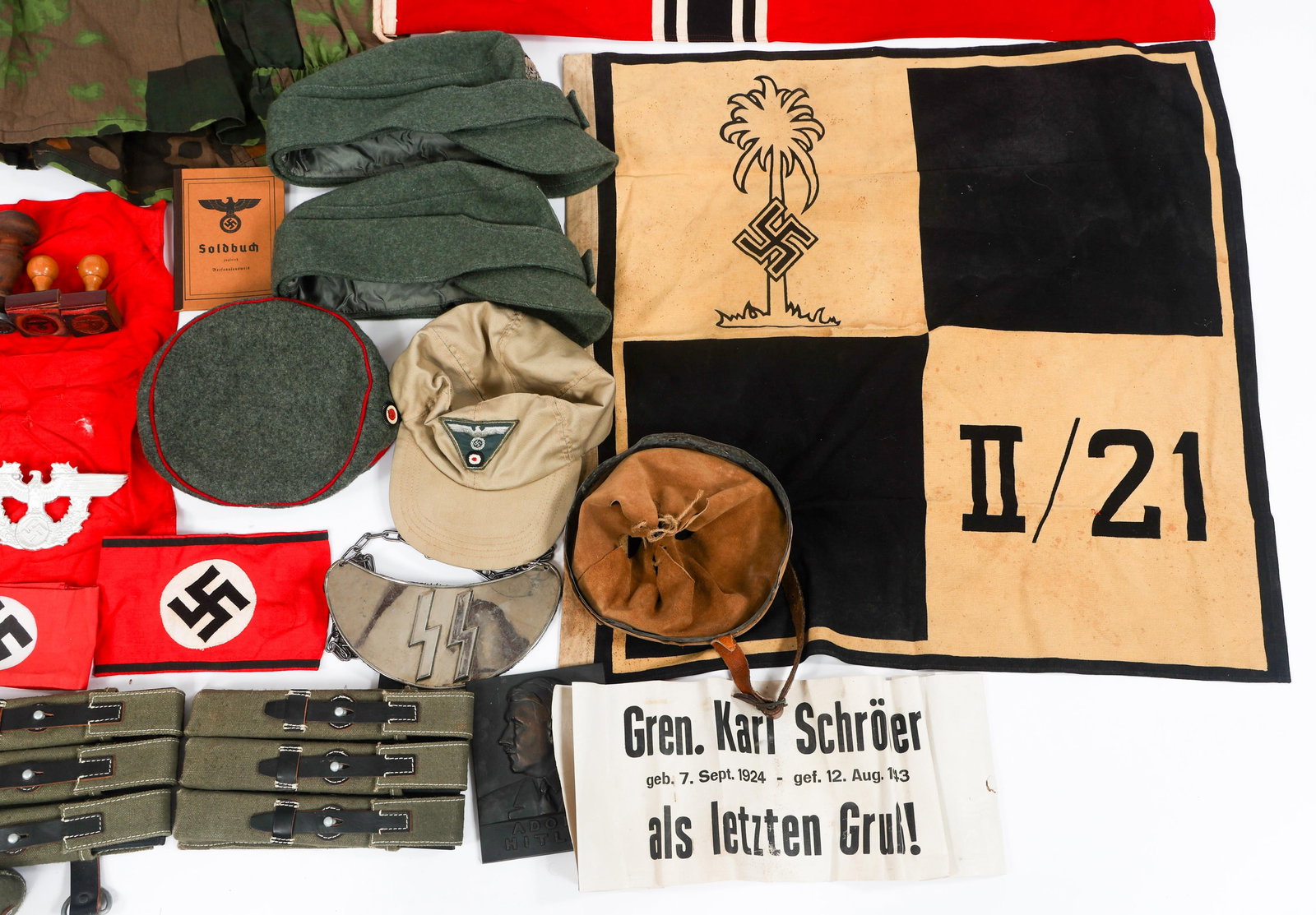 RE-ENACTOR WWII GERMAN SS JACKET, FLAGS, & CAPS - 5