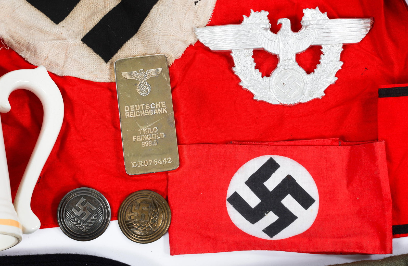RE-ENACTOR WWII GERMAN SS JACKET, FLAGS, & CAPS - 7