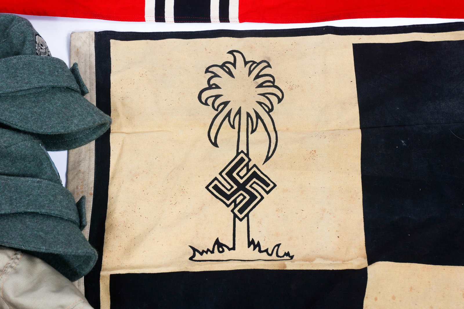 RE-ENACTOR WWII GERMAN SS JACKET, FLAGS, & CAPS - 8