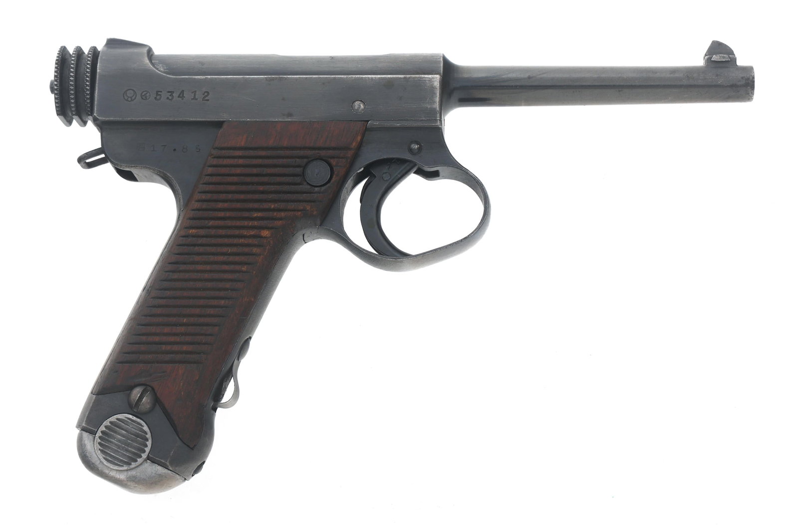 WWII JAPANESE NAGOYA TYPE 14 8mm NAMBU PISTOL: WWII JAPANESE NAGOYA TYPE 14 8mm NAMBU PISTOL WWII Japanese Nagoya Type 14 8mm Nambu pistol. Serial number matches on frame, trigger guard, trigger, bolt, barrel, locking block, firing pin extension, 