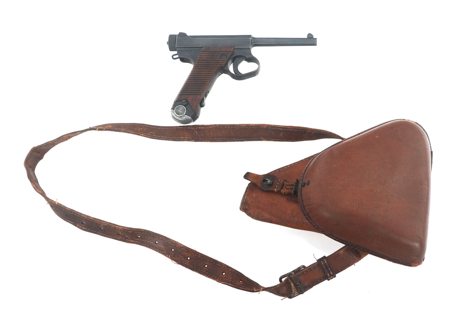 WWII JAPANESE TORIIMATSU TYPE 14 PISTOL & HOLSTER: WWII JAPANESE TORIIMATSU TYPE 14 PISTOL & HOLSTER WWII Japanese Toriimatsu Type 14 Nambu pistol and holster. Showa date 19.8 August 1944. Serial number matches on frame, barrel extension, bolt, cockin