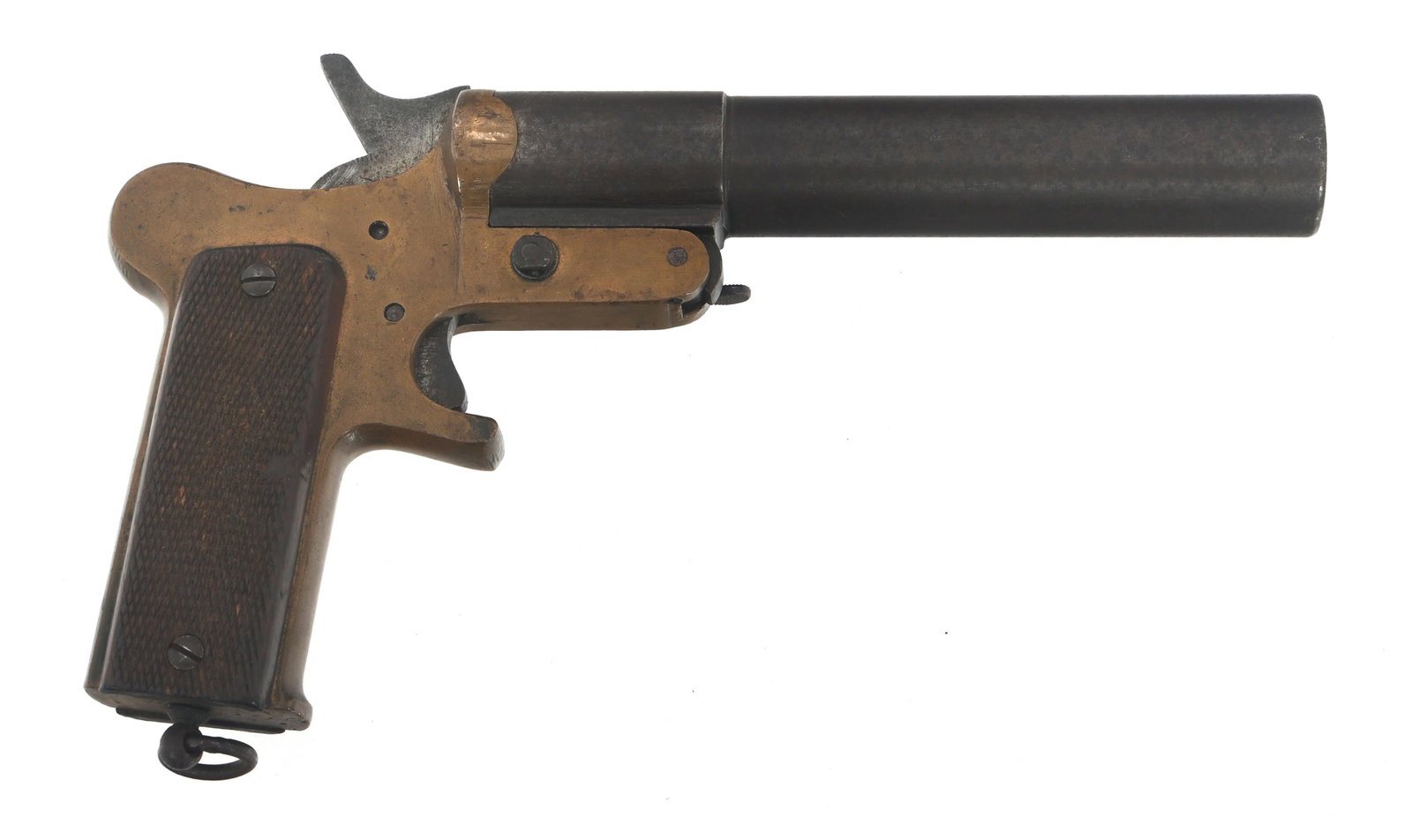 WWI FRENCH MECANICARM MODEL 1918 FLARE PISTOL: WWI FRENCH MECANICARM MODEL 1918 FLARE PISTOL WWI French Mecanicarm Model 1918 25mm flare pistol. Serial numbers match on frame, barrel and trigger. Steel barrel. Brass frame. Lanyard loop. Checkered 