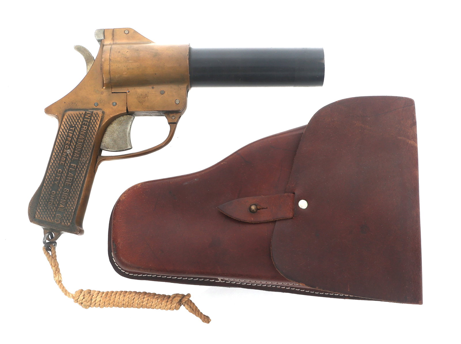 INTERNATIONAL FLARE MODEL 52 FLARE PISTOL: INTERNATIONAL FLARE MODEL 52 FLARE PISTOL International Flare Signal Co. Model 52 37mm flare pistol. Both grips stamped International Flare Signal Co. Tippecanoe City Ohio. Left side of barrel stamped