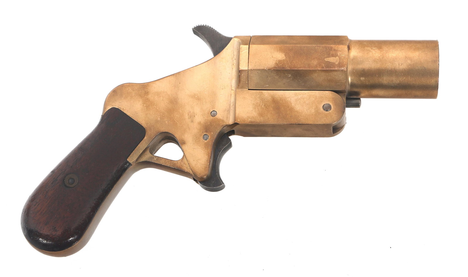 DANISH NAVY MODEL 1888 26.5mm FLARE PISTOL: DANISH NAVY MODEL 1888 26.5mm FLARE PISTOL Danish Navy Model 1888 26.5mm flare pistol. Left side of frame stamped 17 below Danish crown. Brass frame and barrel. Wood grips. Caliber / Gauge: 26.5mm Bar