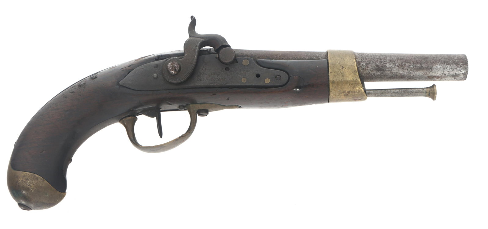 FRENCH St. ETIENNE MODEL AN XIII PERCUSSION PISTOL: FRENCH St. ETIENNE MODEL AN XIII PERCUSSION PISTOL French St. Etienne Model AN XIII .72 caliber percussion pistol. Side plate stamped Mle imp - de St. Etienne with Crown over S. Star over C stamped on