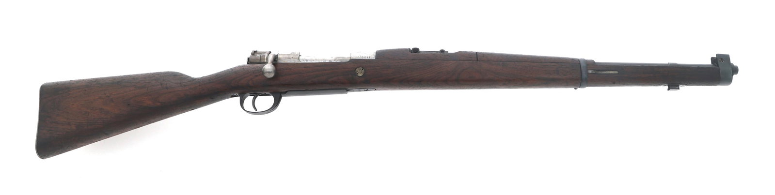 FMAP MAUSER MODEL 1909 7.65mm CALIBER CARBINE: FMAP MAUSER MODEL 1909 7.65mm CALIBER CARBINE Argentinian F.M.A.P. Mauser Model 1909 7.65x53mm caliber cavalry carbine. Serial number matches on receiver, bolt handle, and trigger guard. Adjustable re