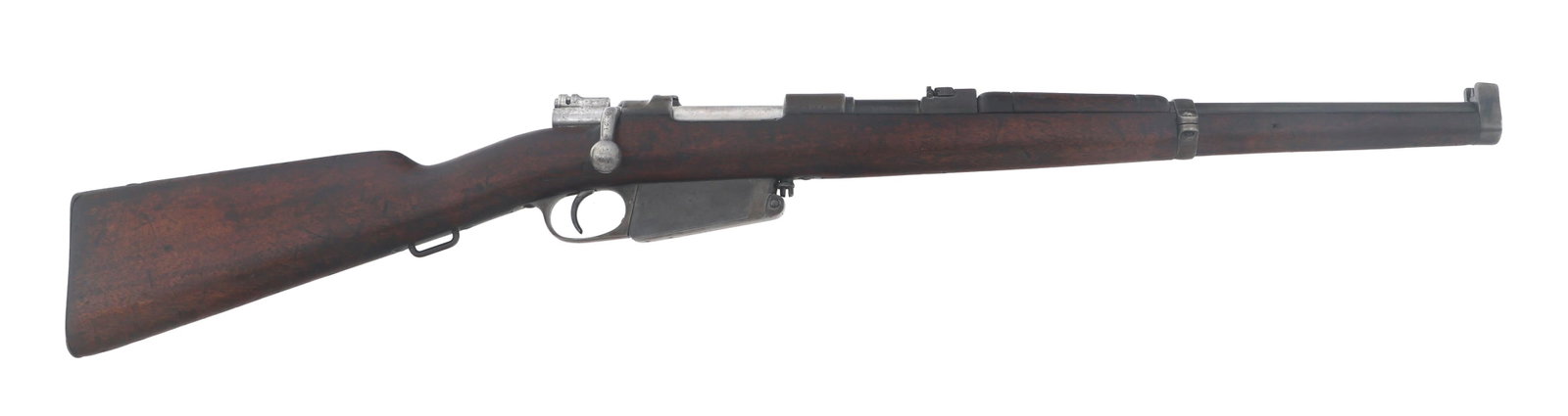 ARGENTINIAN DWM MODEL 1891 7.65mm CALIBER CARBINE: ARGENTINIAN DWM MODEL 1891 7.65mm CALIBER CARBINE Argentine DWM Model 1891 7.65x53mm caliber bolt action Mauser carbine. Serial numbers match on barrel, receiver, magazine floorplate, bolt knob and st