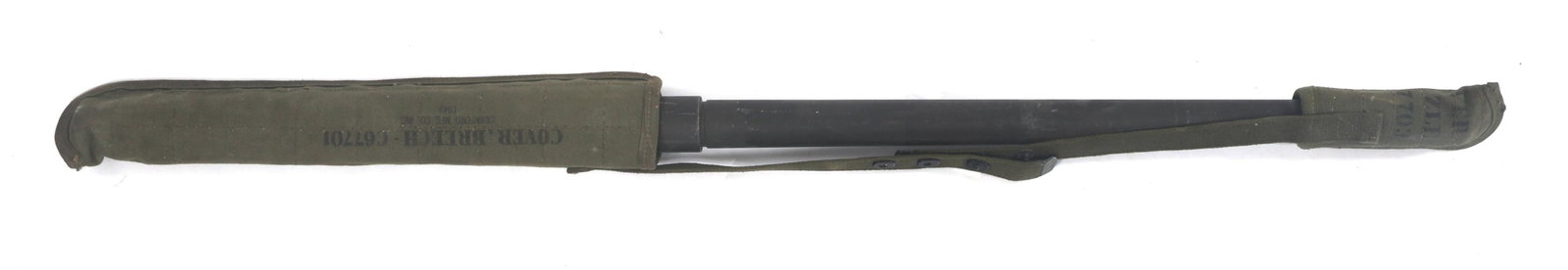 US BROWNING M2 BARREL WITH COVERS: US BROWNING M2 BARREL WITH COVERS US Browning M2 barrel with canvas covers. Stamped P, 28253A-3, K, Flaming bomb, 34, and ABQ. Covers marked: Cover, Breech-C67701 - Crawford Mfg. Co. Inc. - 1943 and C