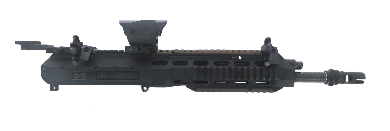 FAXON ARAK 21 .300 BLK CAL COMPLETE UPPER RECEIVER: FAXON ARAK 21 .300 BLK CAL COMPLETE UPPER RECEIVER Faxon ARAK 21 .300 BLK caliber complete upper receiver. Quad rail. 15" barrel with muzzle brake. Offset flip up sights. Burris fast Fire III red dot