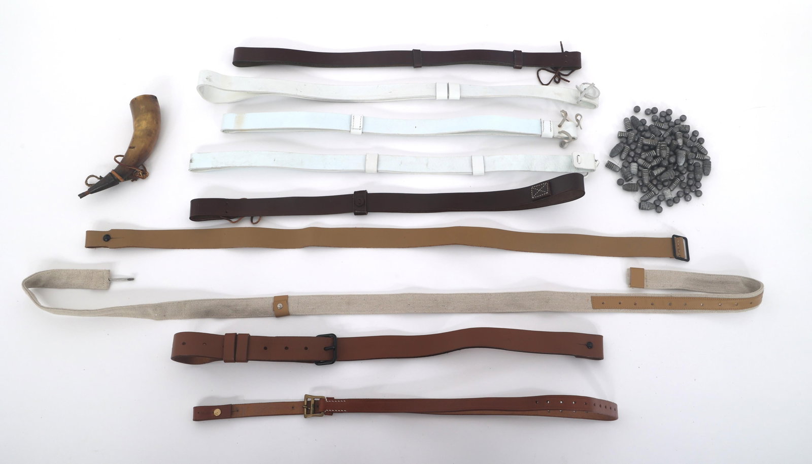 SLINGS, POWDER HORN, MINIE AND MUSKET BALLS (1 of 5)