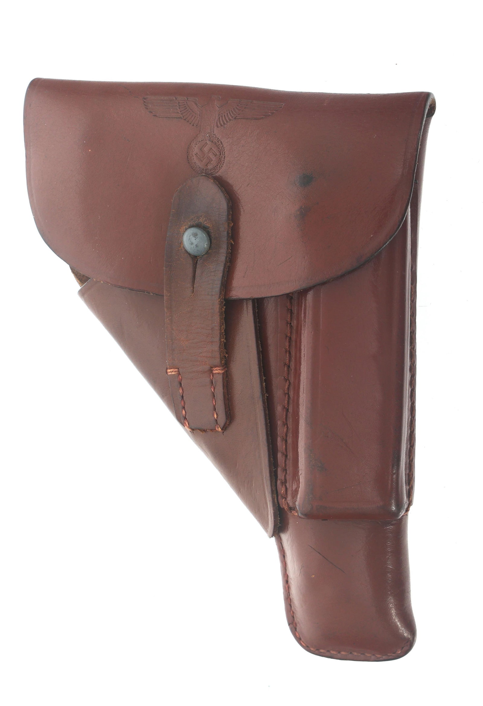 RZM STAMPED WALTHER PPK HOLSTER: RZM STAMPED WALTHER PPK HOLSTER RZM stamped Walther PPK pistol holster. RZM logo with 12/134/44 stamp on inside flap. Reichsadler stamped on outside flap.