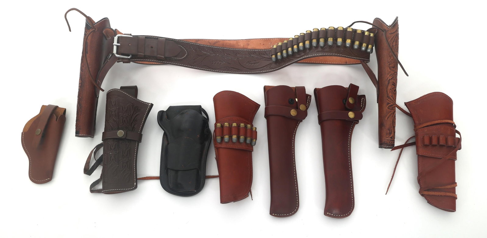 LEATHER REVOLVER HOLSTERS, BELT, & AMMUNITION (1 of 4)
