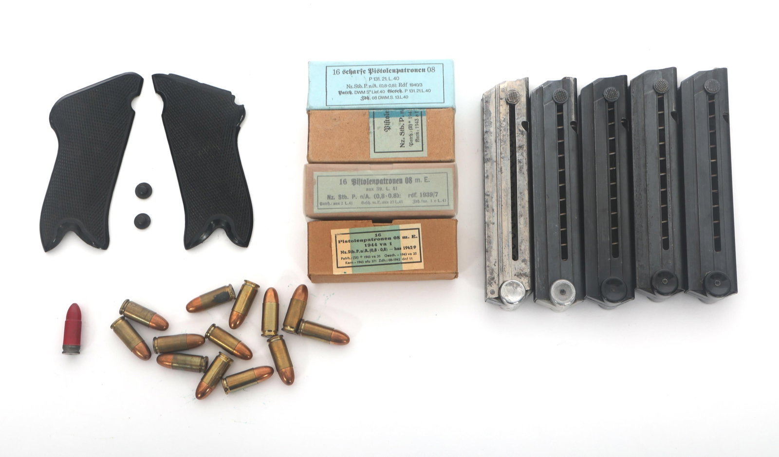 WWII GERMAN P08 MAGAZINES, GRIPS, & AMMUNITION (1 of 5)