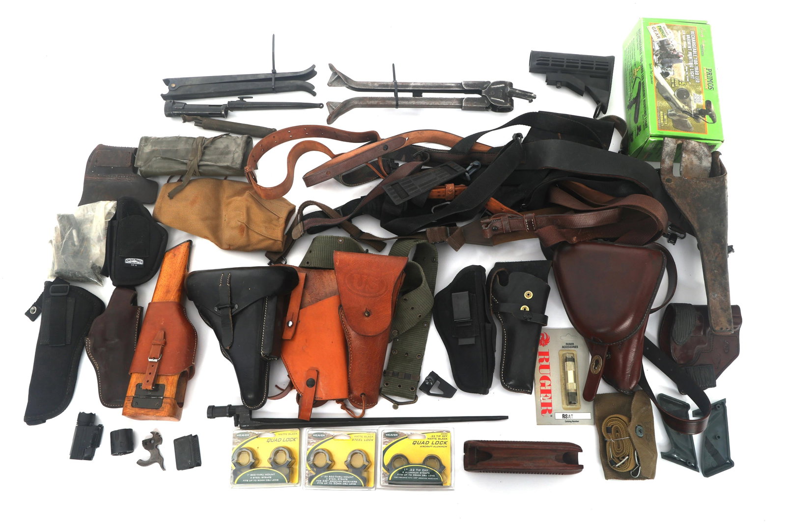 FIREARMS PARTS AND ACCESSORIES BONANZA: FIREARMS PARTS AND ACCESSORIES BONANZA Bonanza lot of firearms accessories and parts. Rifle and shotgun slings. Leather, canvas, and modern production military style handgun holsters. Bipods. Small
