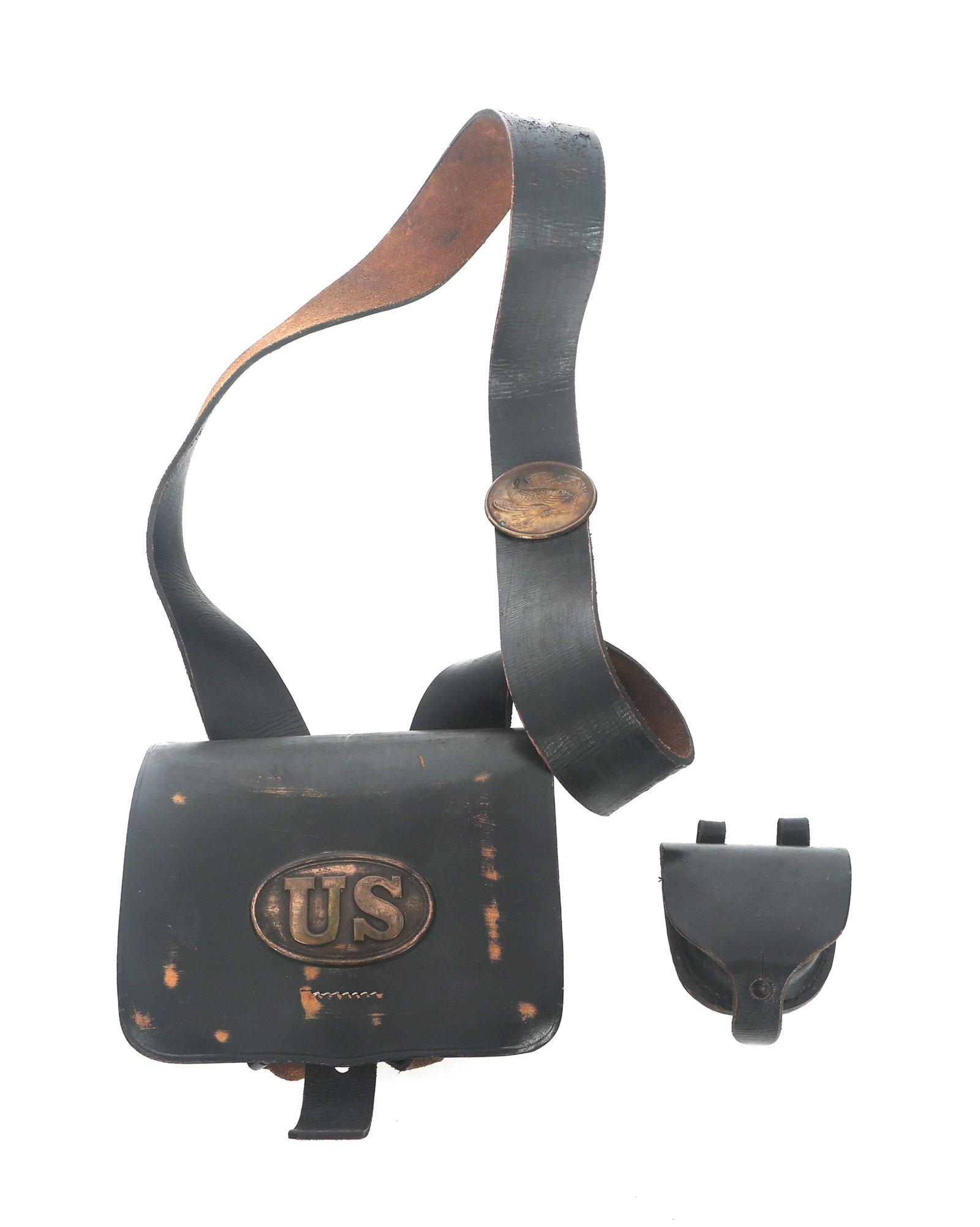 REENACTOR MODEL 1861 & 1873 CARTRIDGE BOXES: REENACTOR MODEL 1861 & 1873 CARTRIDGE BOXES Modern production reenactor Model 1861 cartridge box. Leather shell and straps with metal boxes. Black leather model 1873 pistol cartridge box.