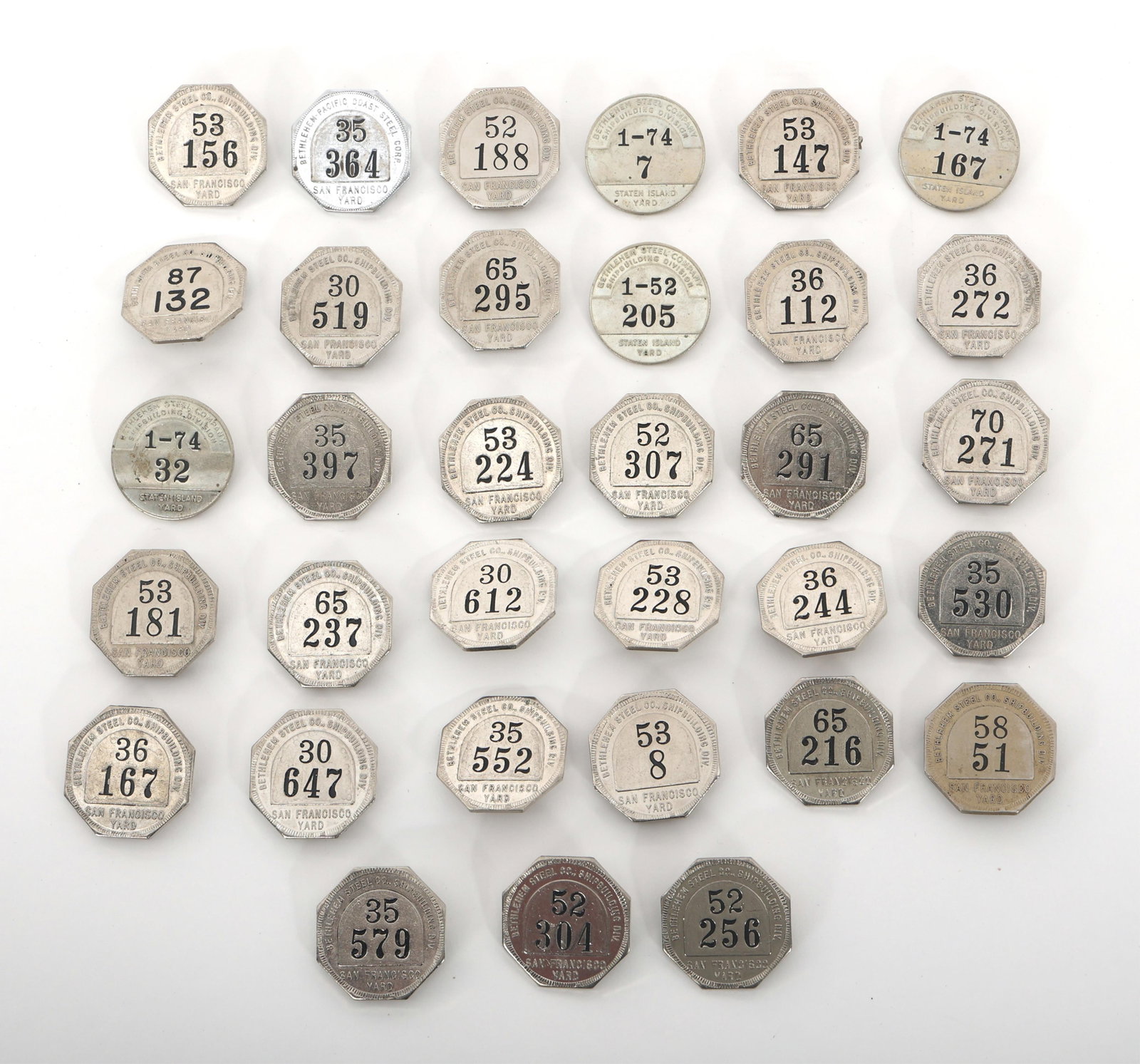 BETHLEHEM STEEL CO. EMPLOYEE BADGE PINS: BETHLEHEM STEEL CO. EMPLOYEE BADGE PINS Bethlehem Steel Co. ship building division employee badge pins. 29 pins from San Francisco yard . Four pins from Staten Island yard.