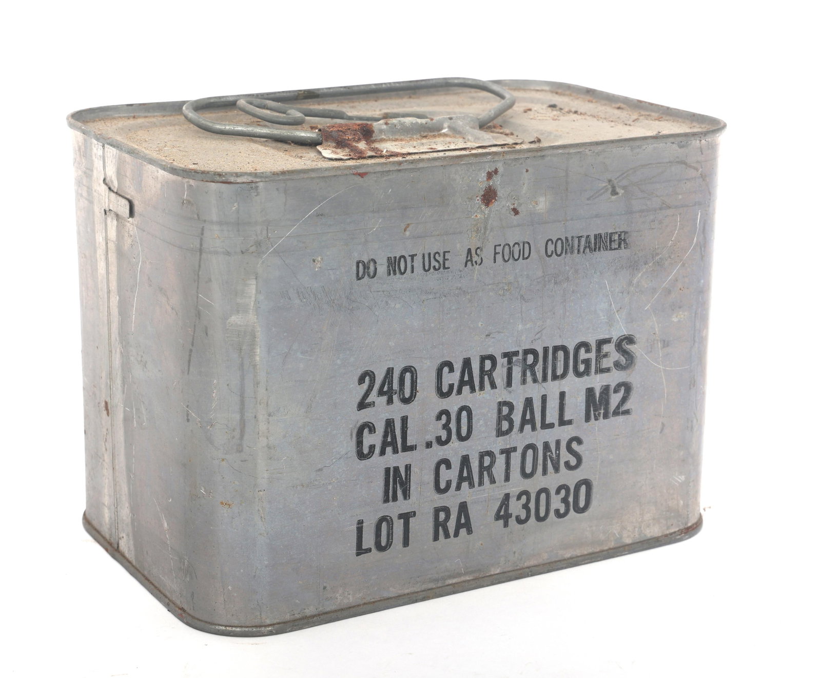 US CAL 30 M2 BALL AMMUNITION - 240 ROUNDS: US CAL 30 M2 BALL AMMUNITION - 240 ROUNDS 240 Rounds of US Cal 30 M2 ball ammunition. Sealed can with key. Caliber / Gauge: 30-06 Weight: 15.89 pounds