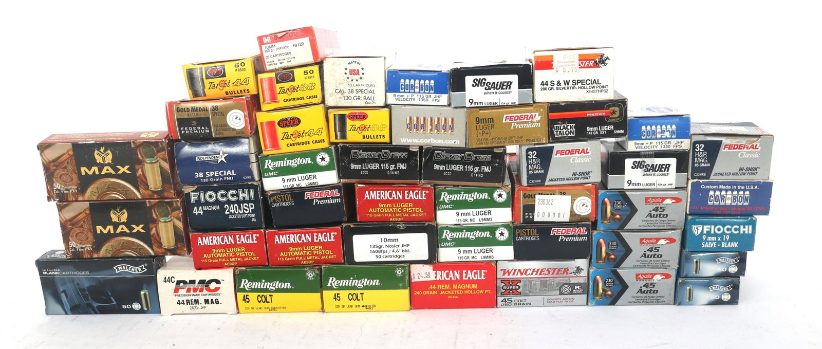 HANDGUN AMMUNITION - 55 POUNDS TGW: HANDGUN AMMUNITION - 55 POUNDS TGW Handgun Ammunition - 55 pounds total gross weight. Brands include Winchester, Federal, Aguila, Cor Bon, Remington and more. Calibers include .10mm, .44 S&W, .32 H&R 