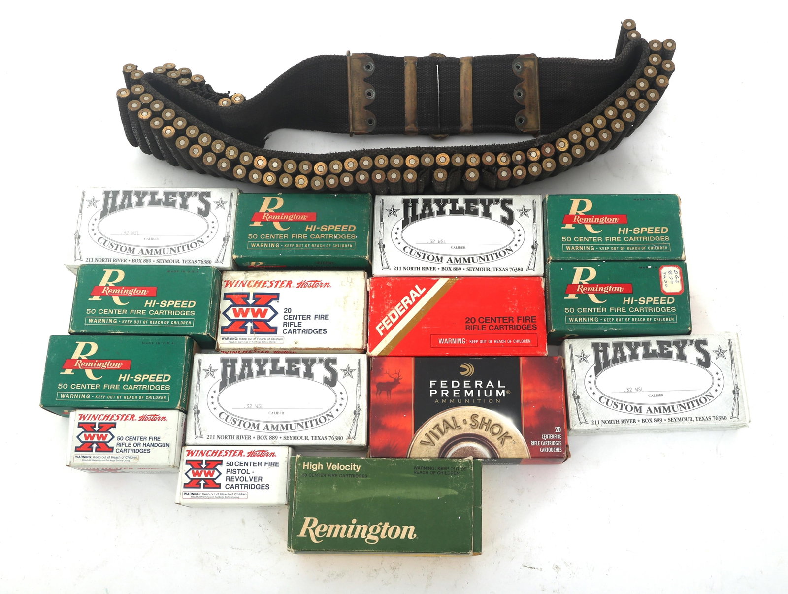 RIFLE AMMUNITION AND BELT - 24 POUNDS TGW: RIFLE AMMUNITION AND BELT - 24 POUNDS TGW Rifle ammunition and belt - 24 pounds total gross weight. Brands include Winchester, Federal, Remington and more. Calibers include 32-20 Win, 32 S&W Long, 30-