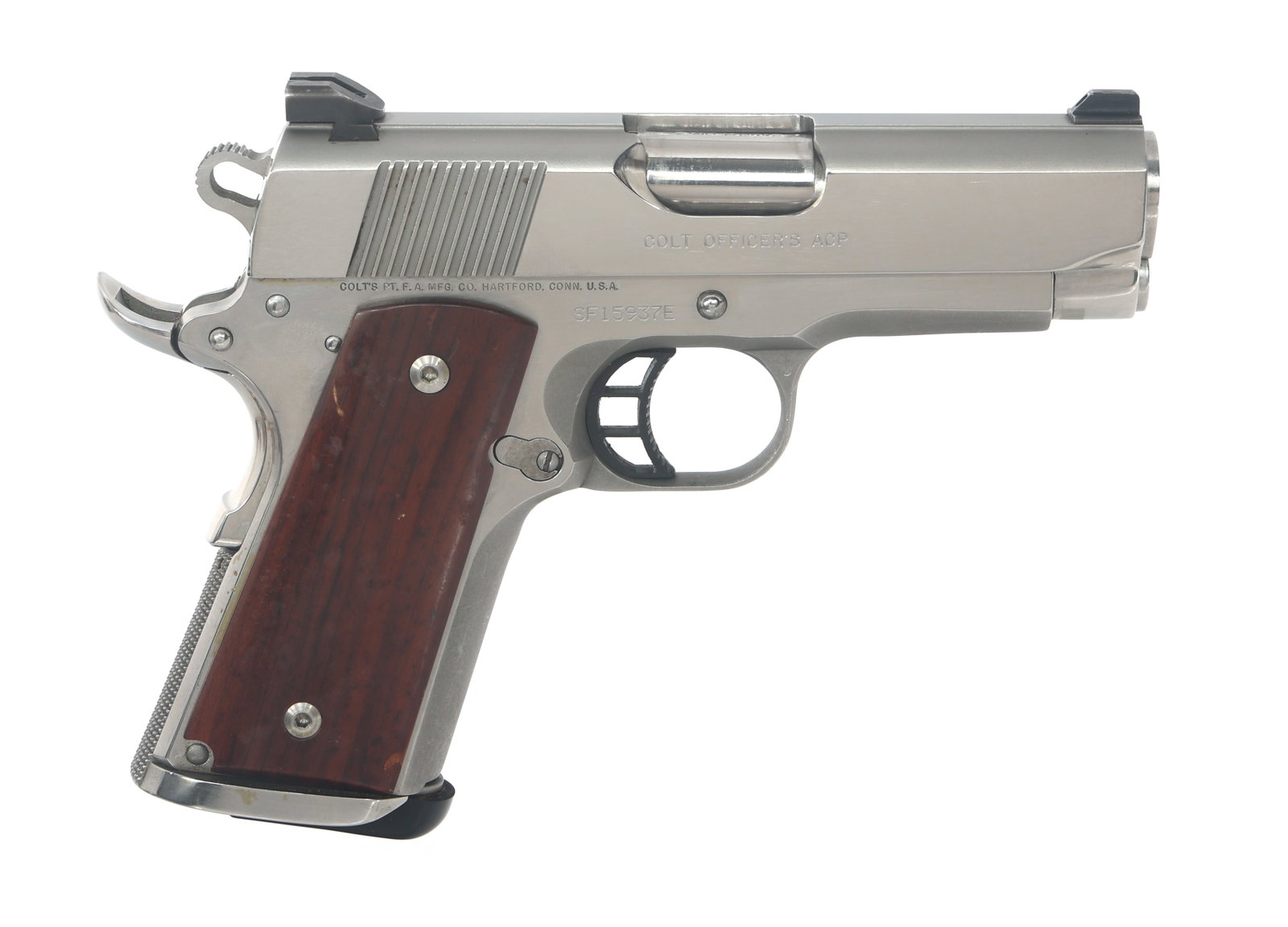 COLT MODEL MK IV SERIES 80 OFFICER'S 45 ACP PISTOL: COLT MODEL MK IV SERIES 80 OFFICER'S 45 ACP PISTOL 1997 Colt Model Mk IV Series 80 Officers .45 ACP caliber semi automatic pistol with box. Stainless steel finish. Fixed sights. Wood grips. One magazi