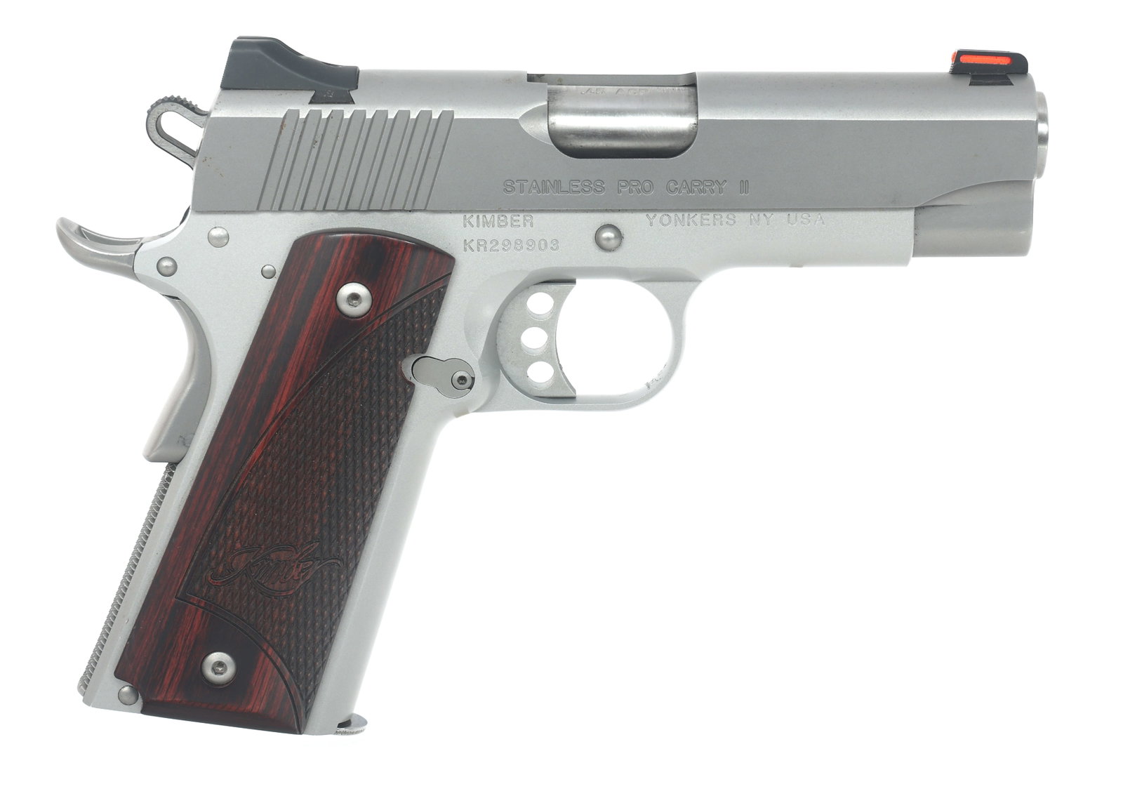 KIMBER STAINLESS PRO CARRY II .45 CALIBER PISTOL: KIMBER STAINLESS PRO CARRY II .45 CALIBER PISTOL Kimber Model Stainless Pro Carry II .45 ACP caliber pistol. Stainless finish. Red fiber front sight. Blacked out rear sight. Checkered wood grips. One 