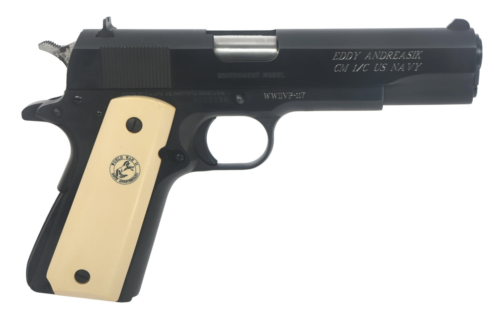 COLT WWII 50th COMMEMORATIVE .45 ACP CAL PISTOL: COLT WWII 50th COMMEMORATIVE .45 ACP CAL PISTOL WWII 50th Anniversary Commemorative Colt Model 1911 A-1 .45 ACP caliber semi automatic pistol. Left side of slide engraved In Honor of Victory in the Pa