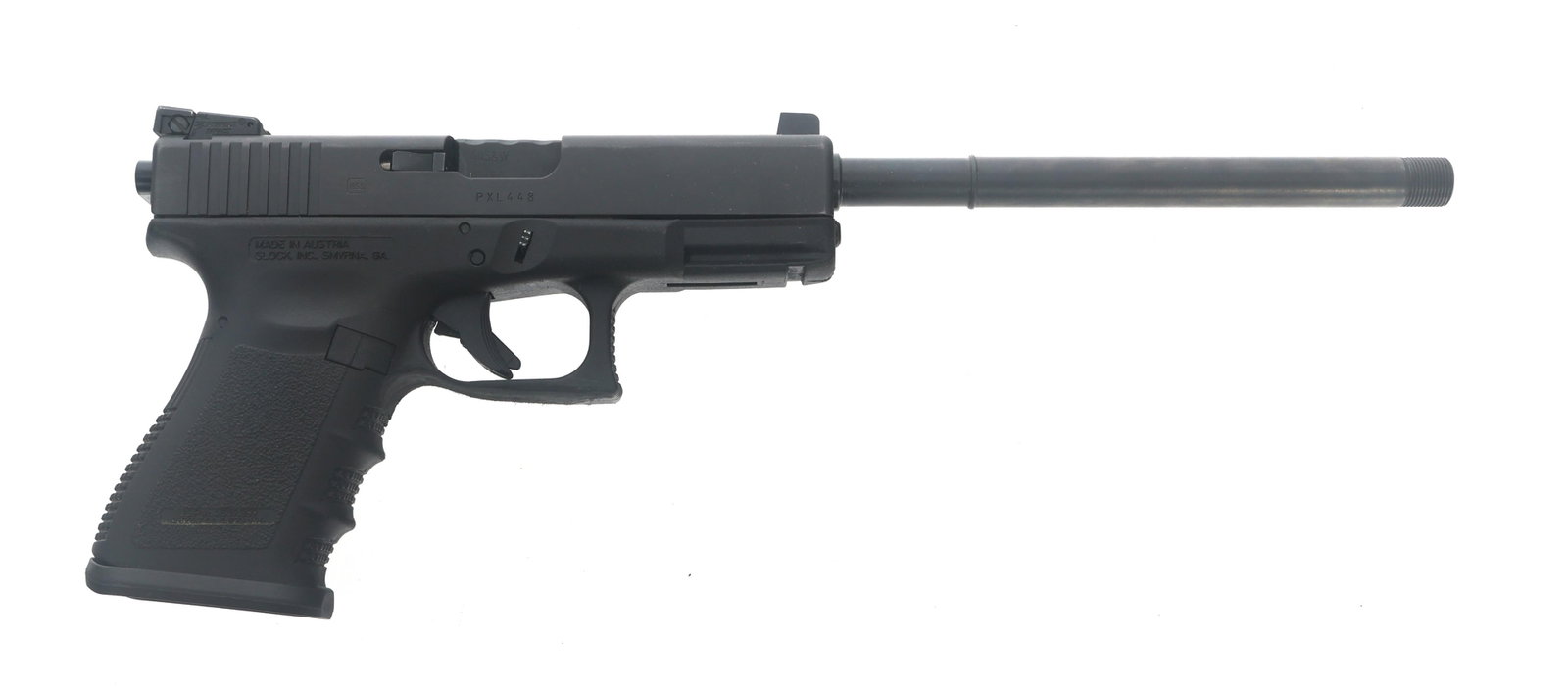 GLOCK MODEL 23 40 S&W CALIBER SEMI AUTO PISTOL: GLOCK MODEL 23 40 S&W CALIBER SEMI AUTO PISTOL Glock Model 23 .40 S&W caliber semi automatic pistol. Import stamped Glock. Adjustable rear sight. 10" IGB tactical threaded barrel. Rack assist plate. F