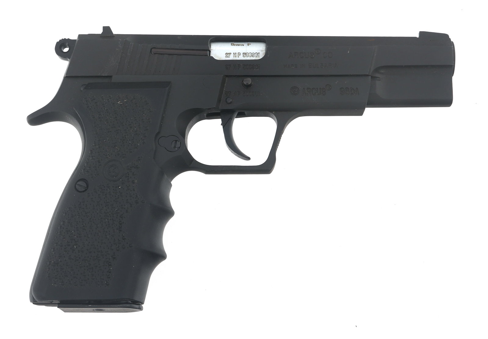 ARCUS MODEL 98DA 9mm CALIBER SEMI AUTO PISTOL: ARCUS MODEL 98DA 9mm CALIBER SEMI AUTO PISTOL Arcus Model 98DA 9x19mm caliber semi automatic pistol. Import stamped CAI. Matte black finish. Fixed sights. Textured rubber grips. One magazine. Caliber 