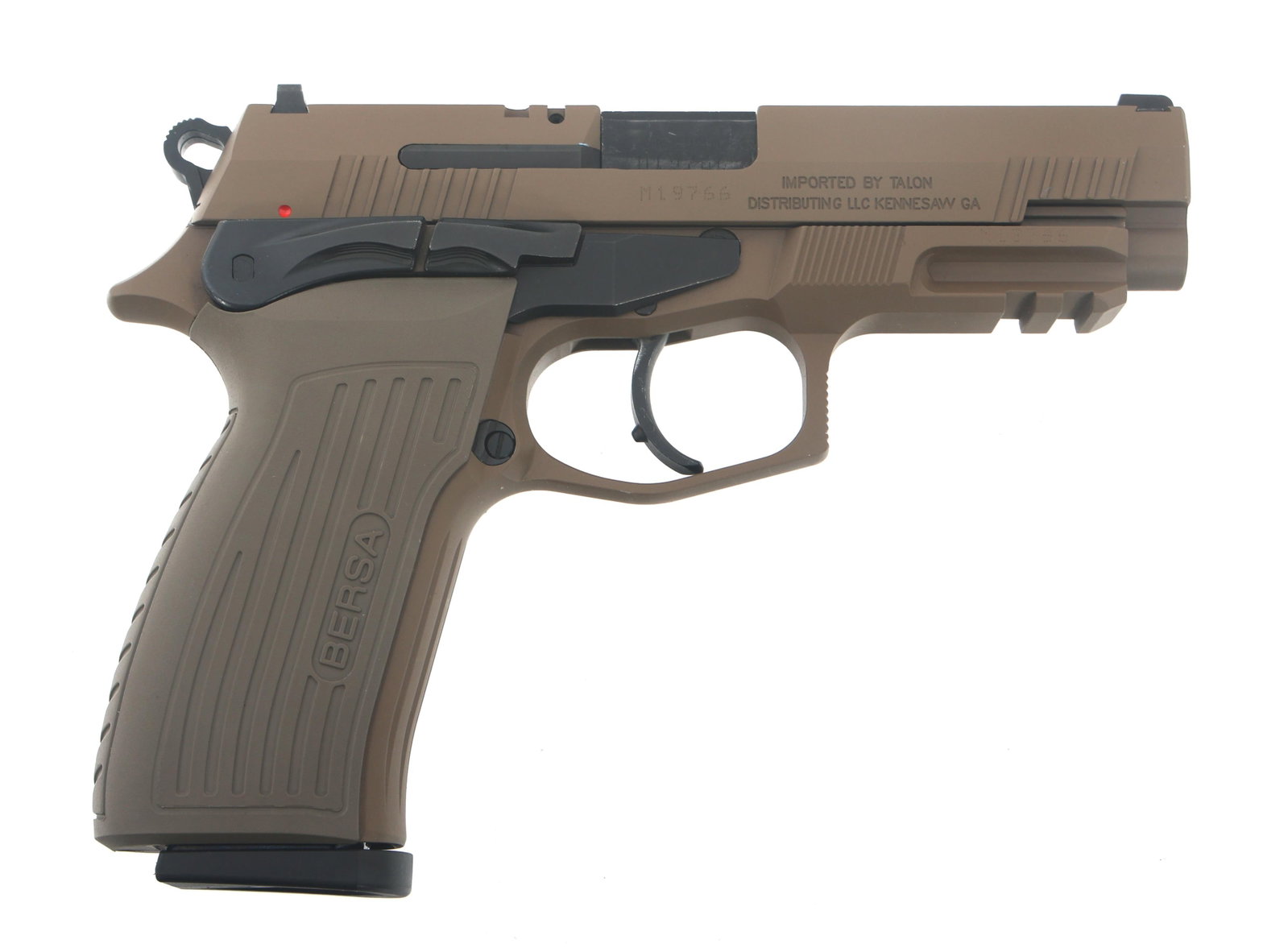 BERSA MODEL TPR9 9x19mm CALIBER SEMI AUTO PISTOL: BERSA MODEL TPR9 9x19mm CALIBER SEMI AUTO PISTOL Bersa Model TPR9 9x19mm caliber semi automatic pistol. Fixed sights. Ambidextrous slide release, de cocker / safety. Composite Bersa grips. Accessory r