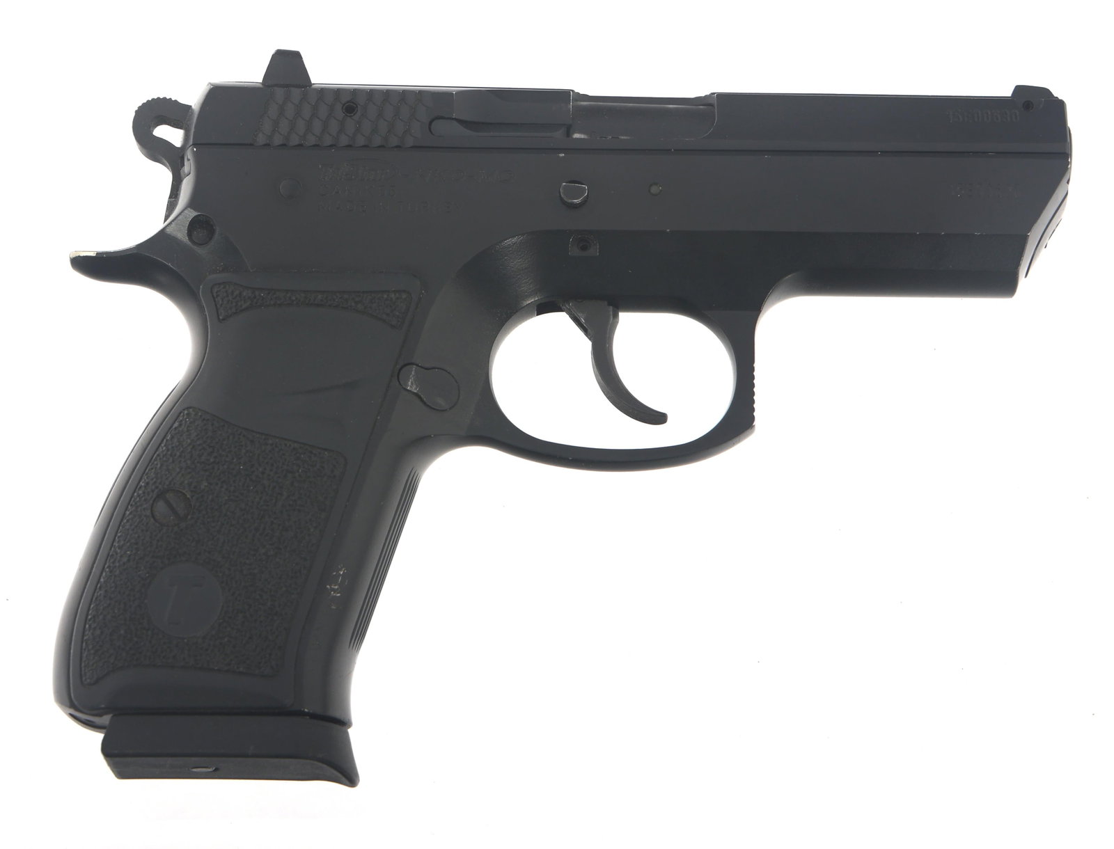 TRISTAR CANIK T-100 9mm CALIBER PISTOL: TRISTAR CANIK T-100 9mm CALIBER PISTOL TriStar Canik Model T100 9x19mm caliber semi automatic pistol. Import stamped Tristar. Fixed sights. Composite grips. One magazine. Caliber / Gauge: 9x19mm Barre