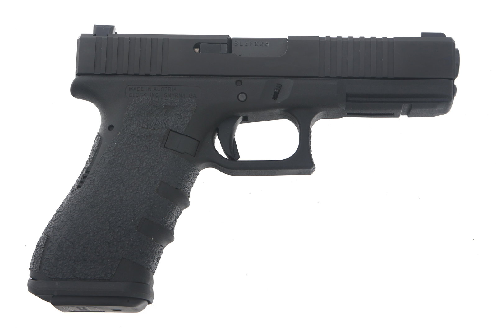 GLOCK MODEL 17 9mm CALIBER SEMI AUTO PISTOL: GLOCK MODEL 17 9mm CALIBER SEMI AUTO PISTOL Glock Model 17 9x19mm caliber semi automatic pistol. Import stamped Glock. Custom slide. Fixed sights. Polymer frame with textured grips and accessory rail.