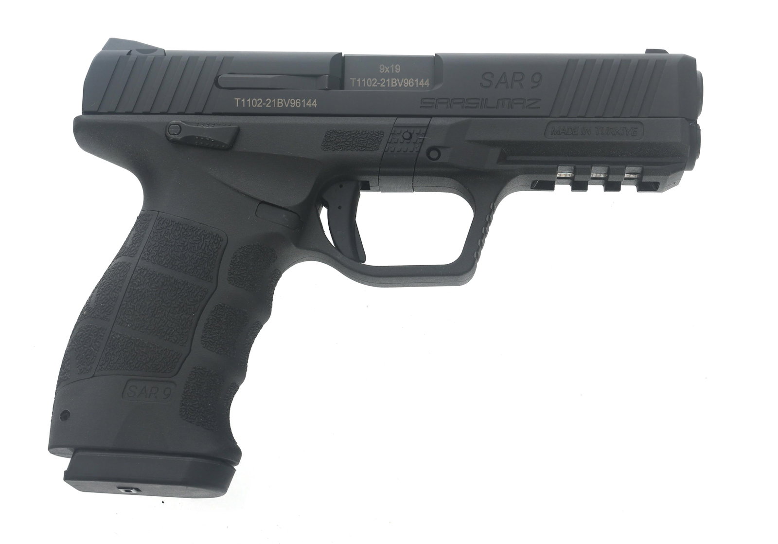 SAR USA MODEL SAR9 9mm CAL SEMI AUTO PISTOL: SAR USA MODEL SAR9 9mm CAL SEMI AUTO PISTOL SAR USA Model SAR-9 9x19mm caliber semi automatic pistol. Import stamped SAR. Matte black finish. Fixed sights. Three backstraps. Three sets of grip panels.