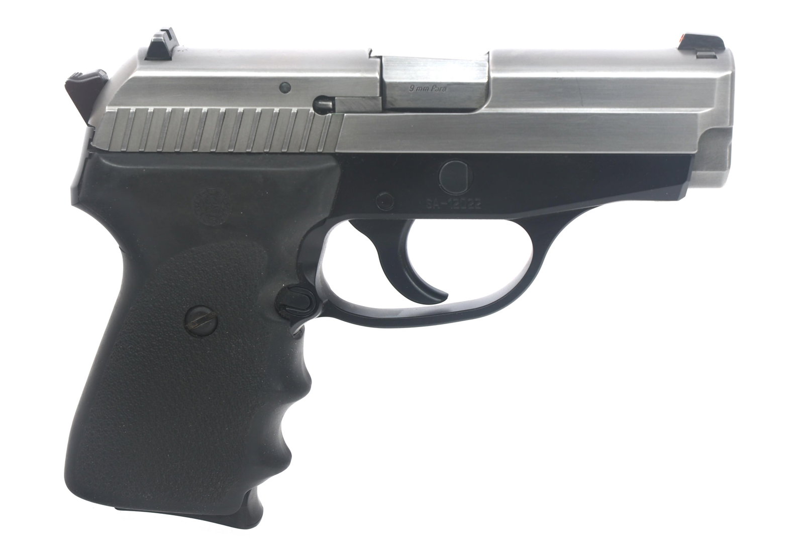 SIG SAUER MODEL P239 9x19mm CALIBER PISTOL: SIG SAUER MODEL P239 9x19mm CALIBER PISTOL Sig Sauer Model P239 9x19mm caliber double action pistol. Stainless steel slide. Fixed sights. Hogue textured rubber grips. One magazine. Caliber / Gauge: 9x