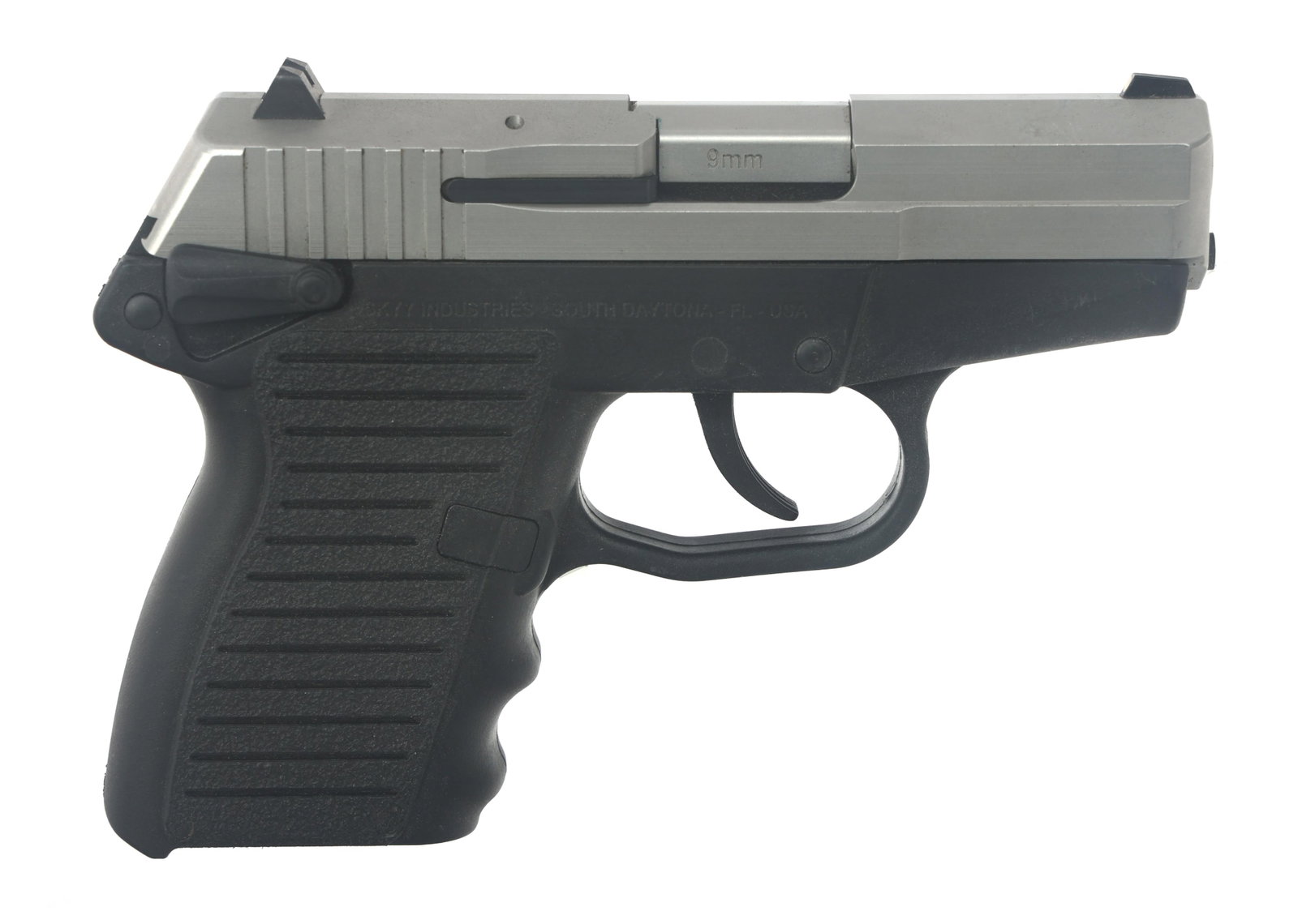 SKYY MODEL CPX-1 9x19mm CALIBER SEMI AUTO PISTOL: SKYY MODEL CPX-1 9x19mm CALIBER SEMI AUTO PISTOL Skyy Model CPX-1 9x19mm caliber semi automatic pistol. Matte stainless slide. Fixed sights. Polymer frame with textured grips. No magazine. Caliber / G
