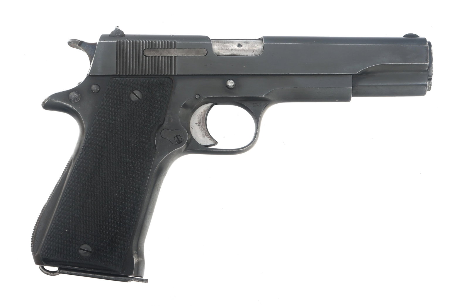 STAR MODEL B 9x19mm CALIBER SEMI AUTOMATIC PISTOL: STAR MODEL B 9x19mm CALIBER SEMI AUTOMATIC PISTOL Star Model B 9x19mm caliber semi automatic pistol. No import stamp. Blued finish. Fixed sights. Lanyard loop. Checkered composite grips. One magazine.