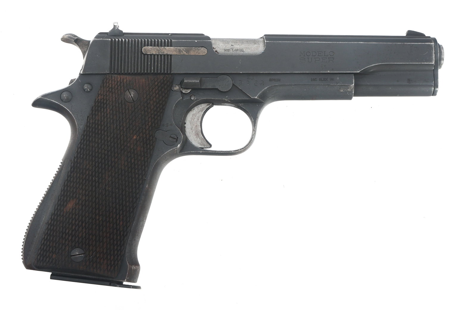 STAR MODEL SUPER 9mm LARGO CALIBER PISTOL: STAR MODEL SUPER 9mm LARGO CALIBER PISTOL Star Model Super 9mm Largo caliber semi automatic pistol. Import stamped IAC. Blued finish. Fixed sights. Checkered wood grips. One magazine. Caliber / Gauge: