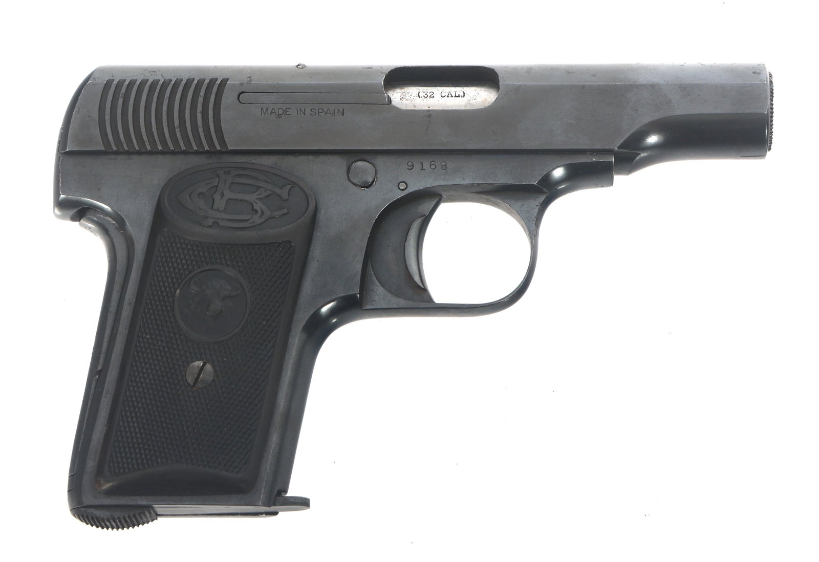 SPANISH CB MODEL BUFALO 7.65mm CALIBER PISTOL: SPANISH CB MODEL BUFALO 7.65mm CALIBER PISTOL Spanish Cia Beristain Model Bufalo 7.65mm caliber semi automatic pistol. Blued finish. Fixed sights. Checkered composite grips with CB and Buffalo logo. O