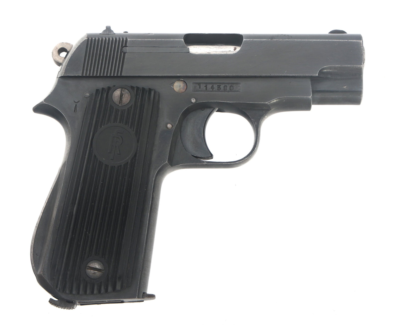 PYRENEES MODEL UNIQUE RR-51 7.65mm CAL PISTOL: PYRENEES MODEL UNIQUE RR-51 7.65mm CAL PISTOL Pyrenees Model Unique RR-51 7.65mm caliber semi automatic pistol. Blued finish. Fixed sights. Composite grips. Lanyard loop. One magazine. Caliber / Gauge