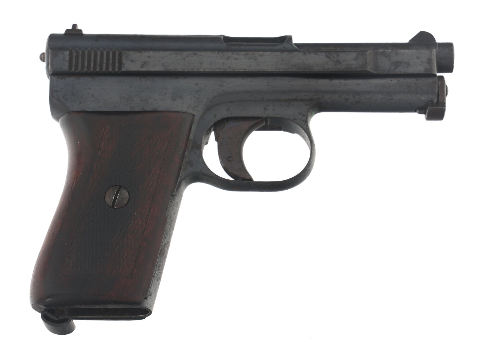 MAUSER NEW MODEL 1910 6.35mm CALIBER REVOLVER: MAUSER NEW MODEL 1910 6.35mm CALIBER REVOLVER Mauser New Model 1910 6.35mm caliber semi automatic pistol. Left side of frame stamped Mauser. Blued finish. Fixed sights. Checkered wood grips. No magazi